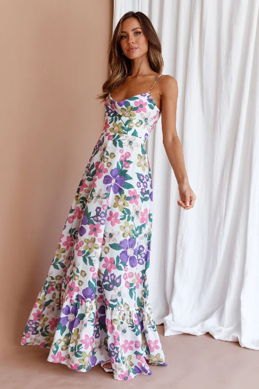 Beachside Flounce Hem Maxi Dress White Floral