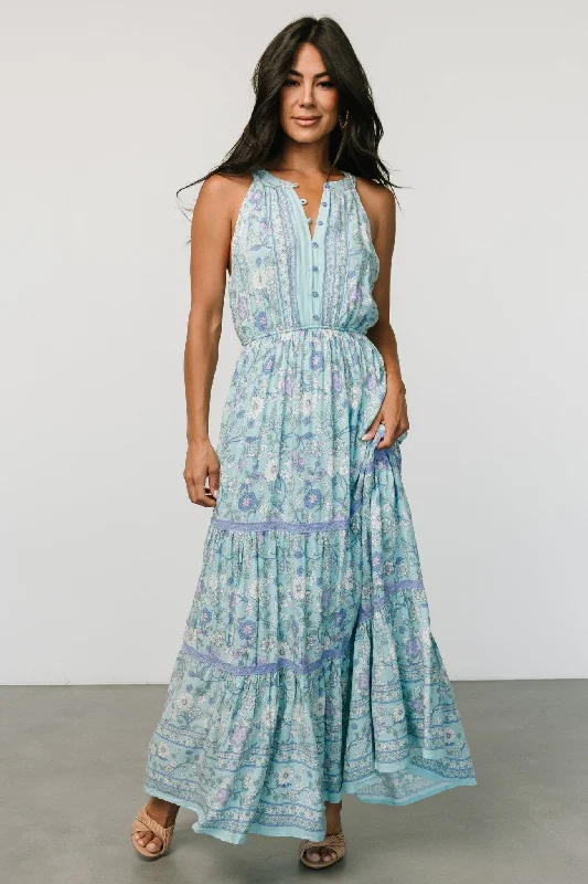 Meline Button Front Maxi Dress | Light Blue Multi