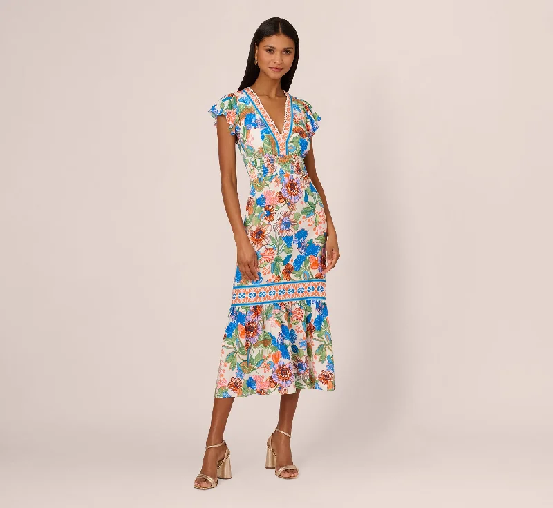 Bright Floral Print Midi Dress With Flutter Sleeves In Blue-Green Multi