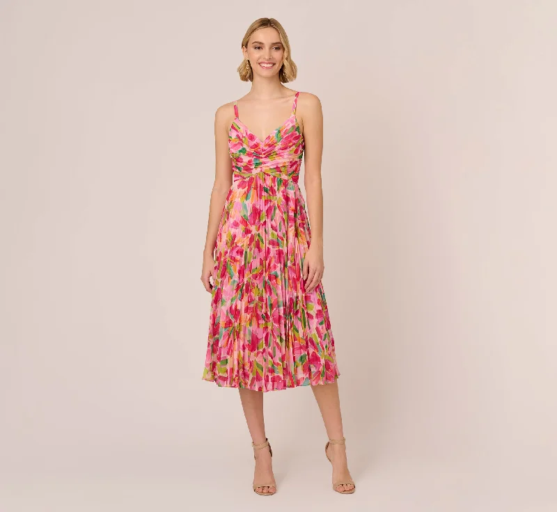 Floral Print Pleated Chiffon Midi Dress In Pink Green Multi