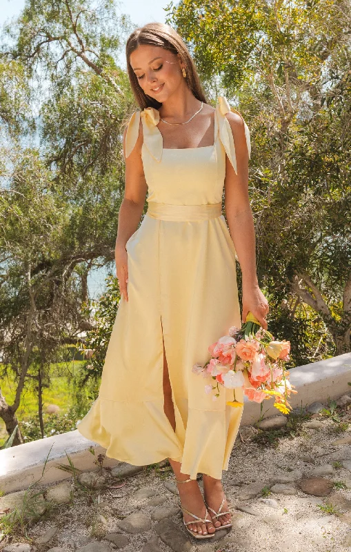 Garden Midi Dress ~ Pale Yellow Luxe Satin