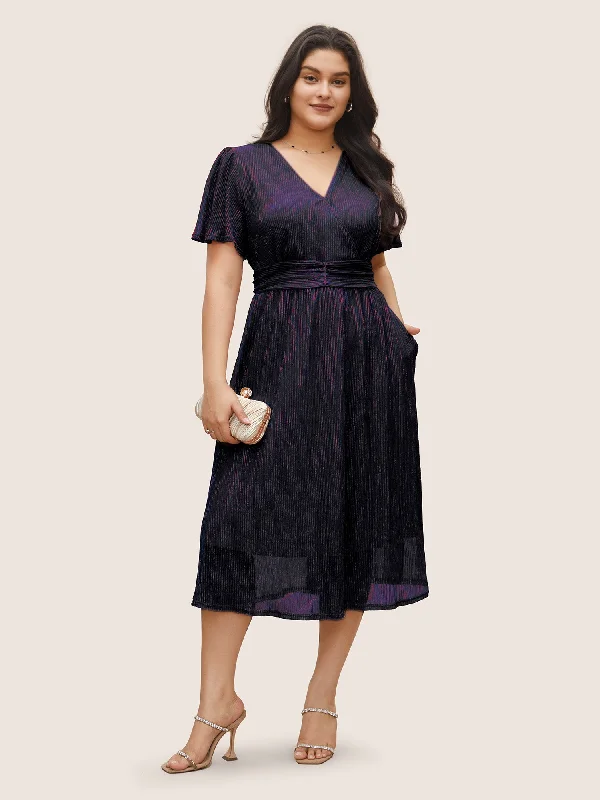 Glitter Mesh Surplice Neck Ruffle Sleeve Pocket Midi Dress