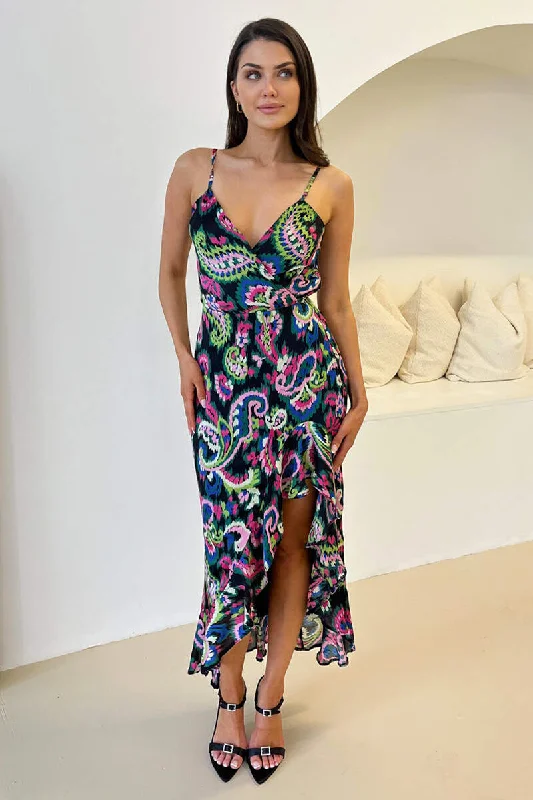 Multi Printed Wrap Over Strappy Midi Dress