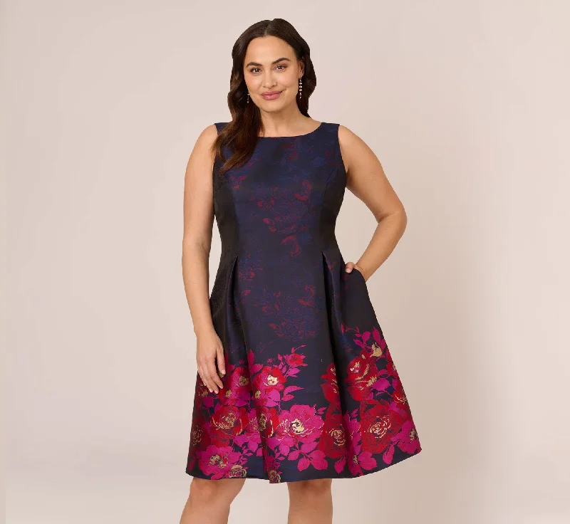 Plus Size Jacquard Midi Dress With Metallic Floral Trim In Navy Pink Multi