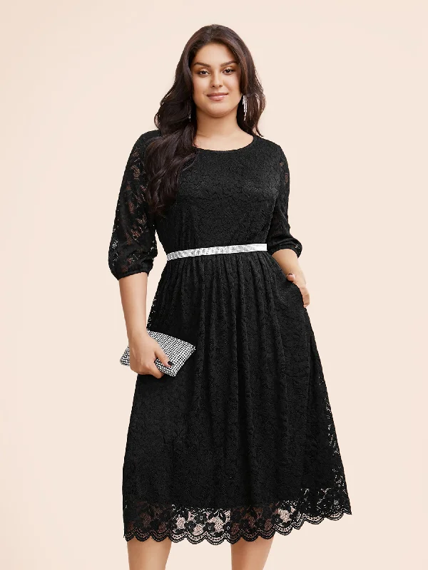 Round Neck Crochet Lace Mesh Midi Dress