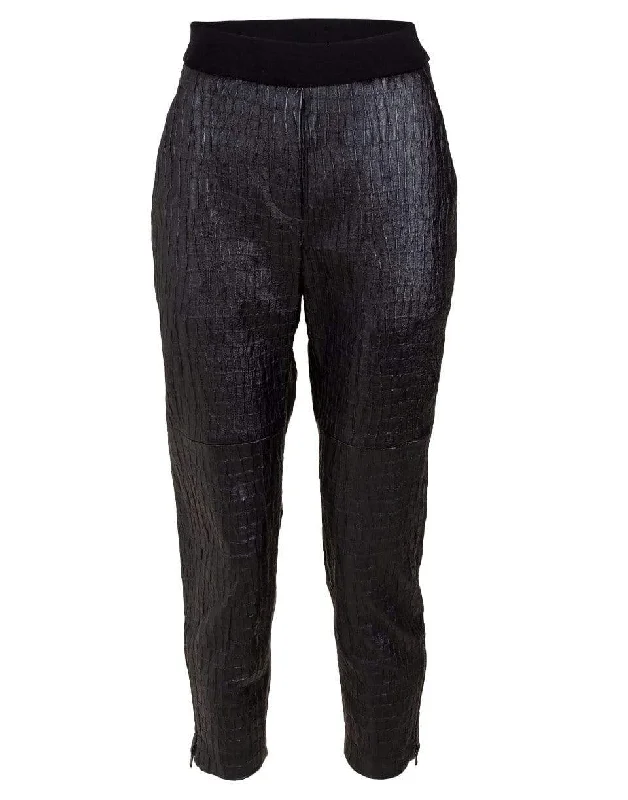 Black Cotton Waistband Embossed Leather Joggers