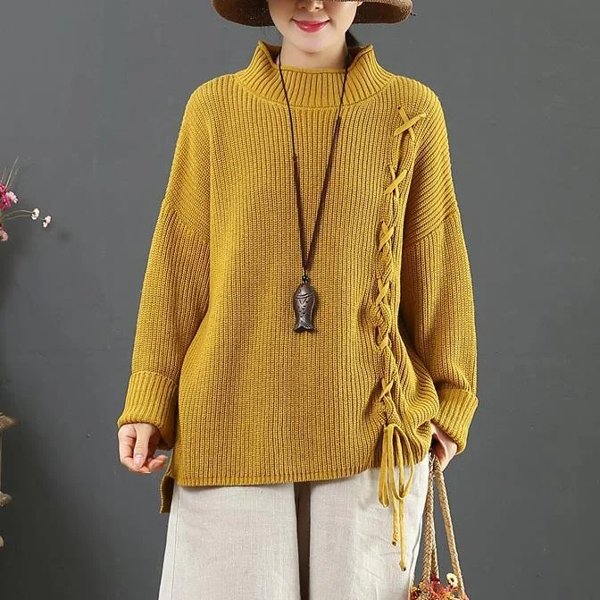 Aesthetic yellow Sweater Blouse drawstring Loose fitting half high neck knitwear