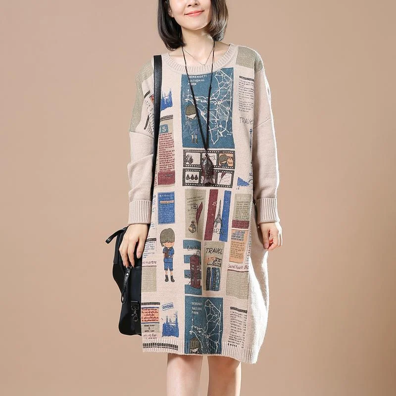 Beige plus size sweaters newspaper print knit dress