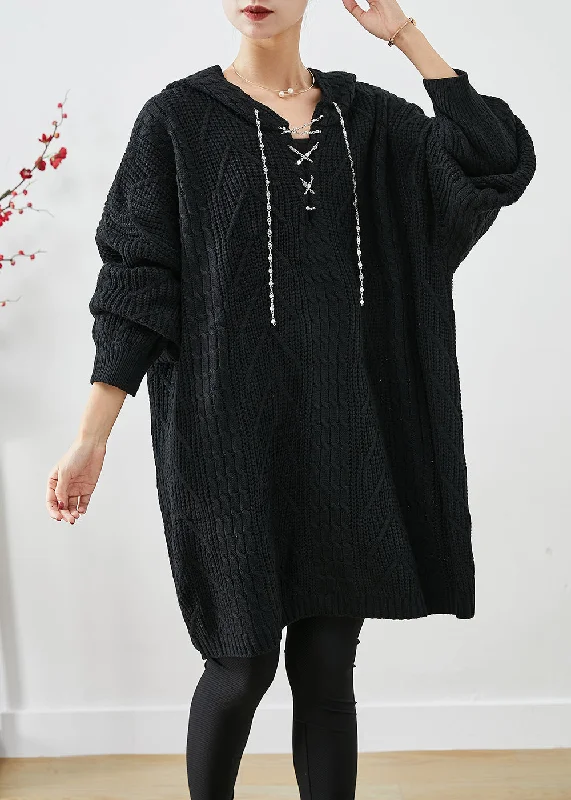 Black Loose Knit Long Sweater Dress Hooded Fall