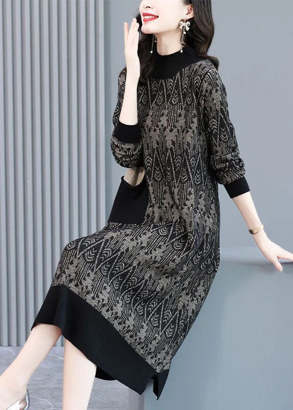 Bohemian Black High Neck Patchwork Jacquard Wool Knit Sweater Dress Winter