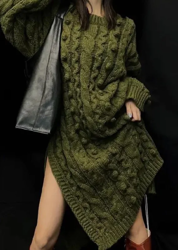 Boutique Green O-Neck Side Open Cable Knit Sweaters Dress Long Sleeve