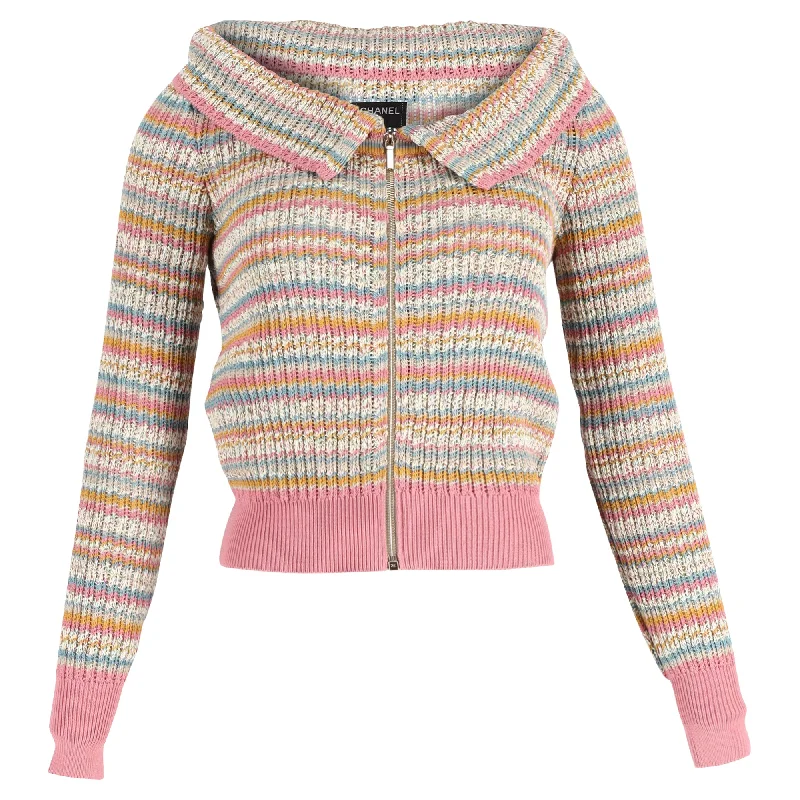 Chanel Knitted Off-Shoulder Zip-Up Sweater in Multicolor Cotton