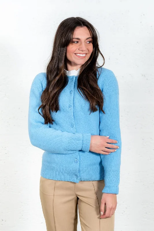 Womens Geelong Superfine Lambswool Gansey Cardigan - Sky Blue