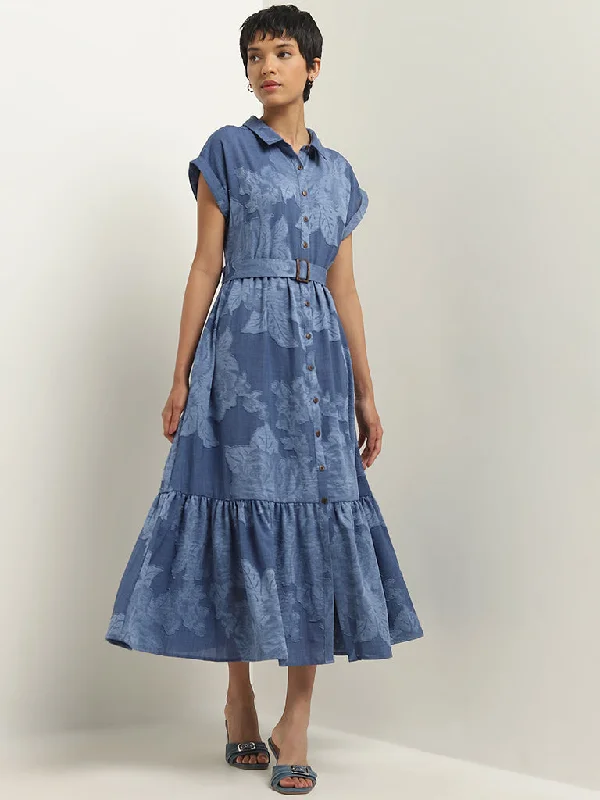 LOV Blue Leaf Printed Tiered Shirt Dress with Belt