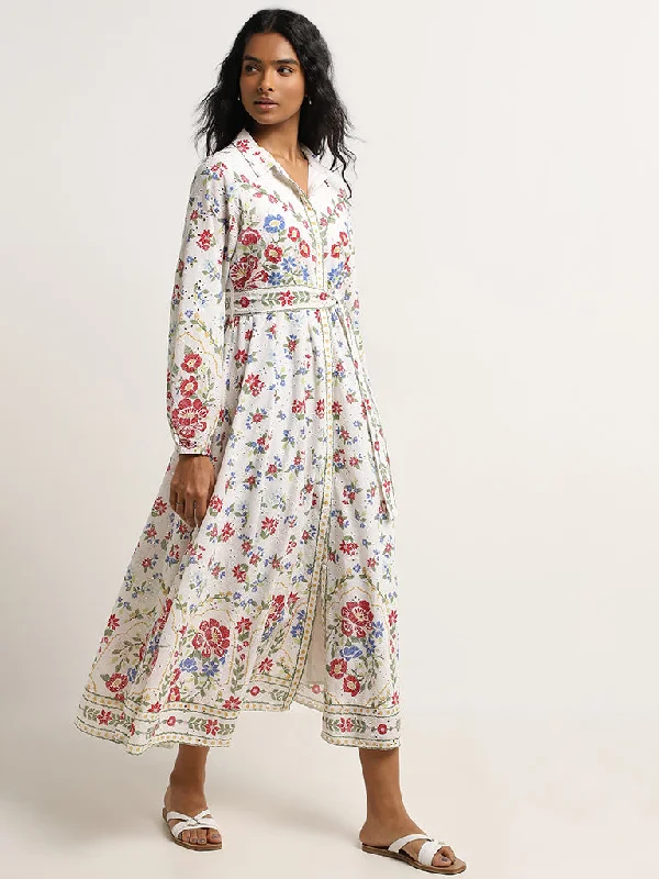 LOV White Floral Schiffli Design Cotton Shirt Dress with Belt