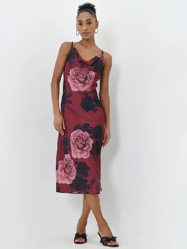 Wardrobe Burgundy Floral Printed Slip Dress