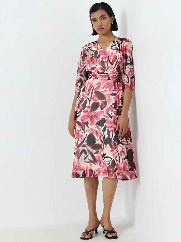 Wardrobe Pink Leaf Design Wrap-Style Dress