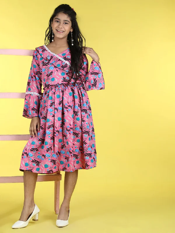 Cutiekins V-Neck Printed Flared Dress-Pink & Blue