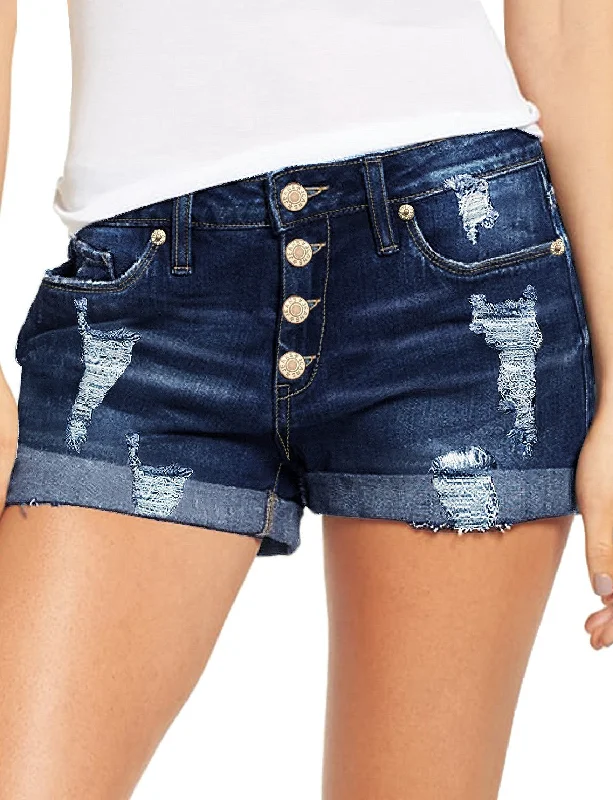 Women's High Waisted Rolled Hem Distressed Jeans Ripped Denim Shorts