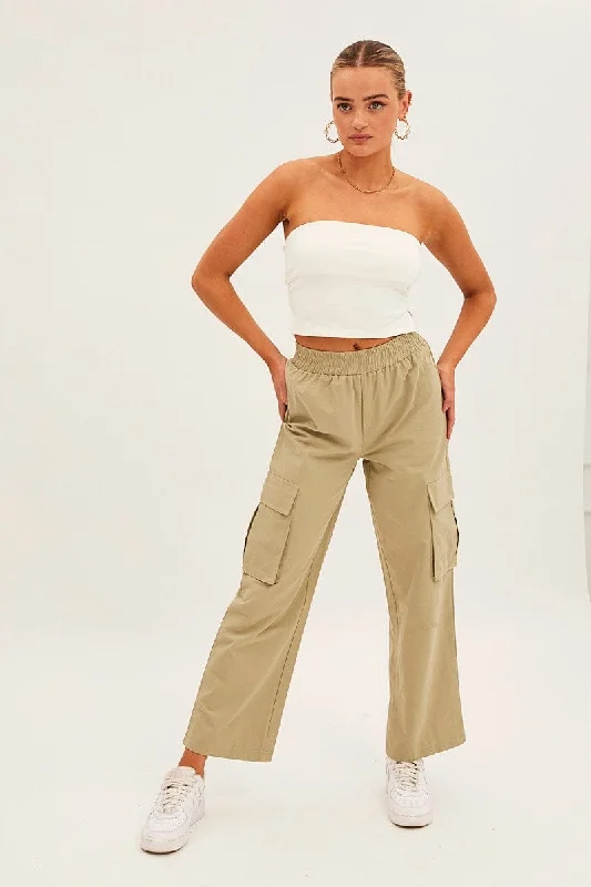 Green Elastic Waist High Rise Wide Leg Cargo Pants