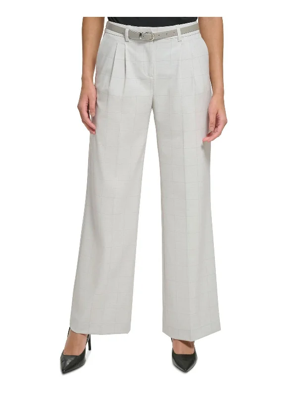 Petites Womens Window Pane Pattern Belted Trouser Pants